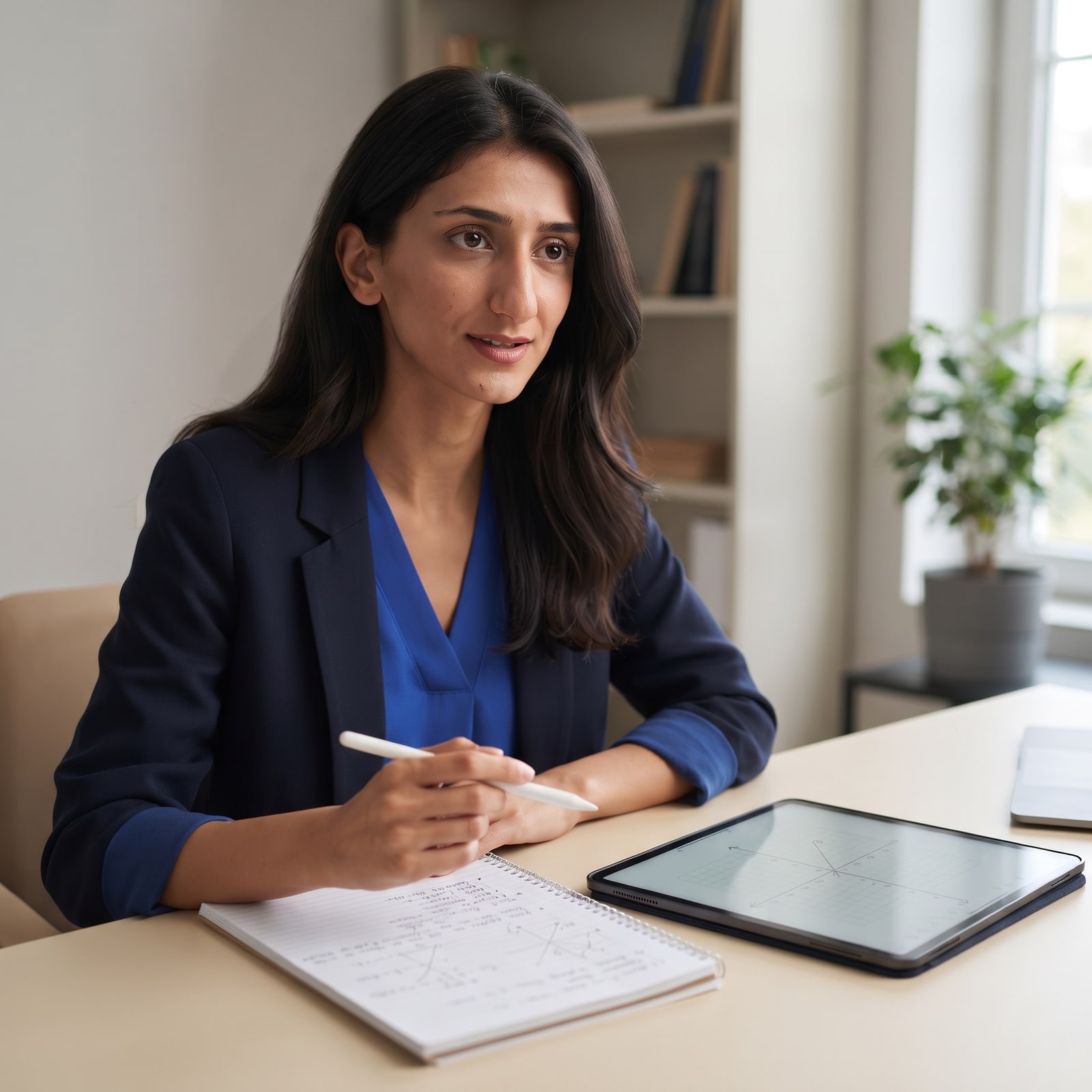 Aysel Mursal seated at her desk with a graphing tablet and a notebook of worked solutions.