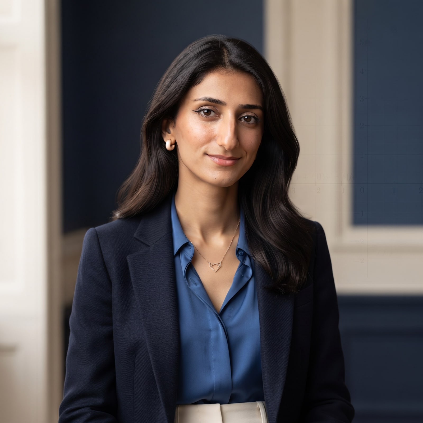 Portrait of Aysel Mursal in a navy blazer, photographed against a deep navy studio wall.
