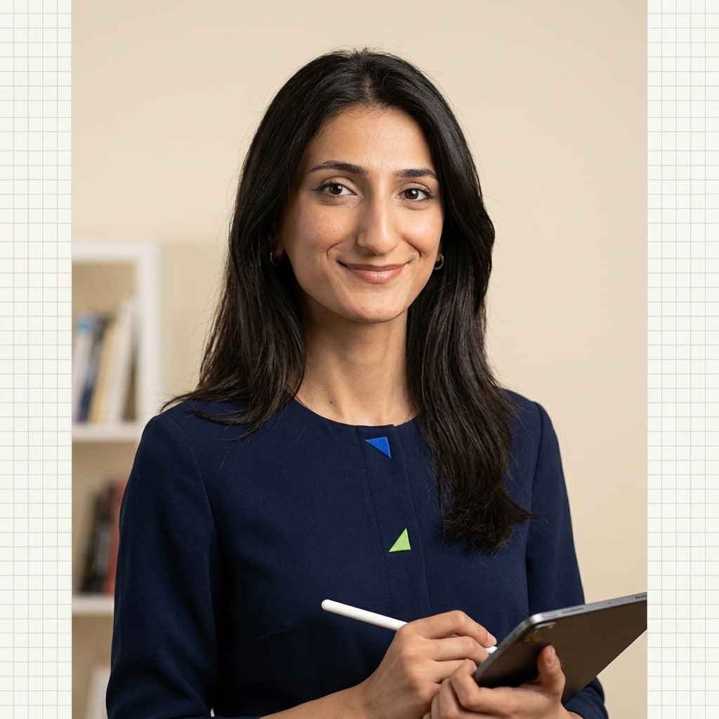 Aysel Mursal standing with a graphing tablet, photographed against a warm studio backdrop.