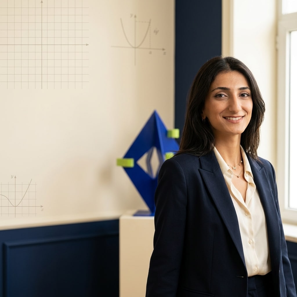 Aysel Mursal standing beside a wall of hand-drawn coordinate grids and function sketches.